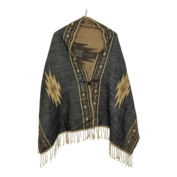 Orsay Western Boho Poncho Geometric Front Clasp With Tassels - Picture 2 of 7